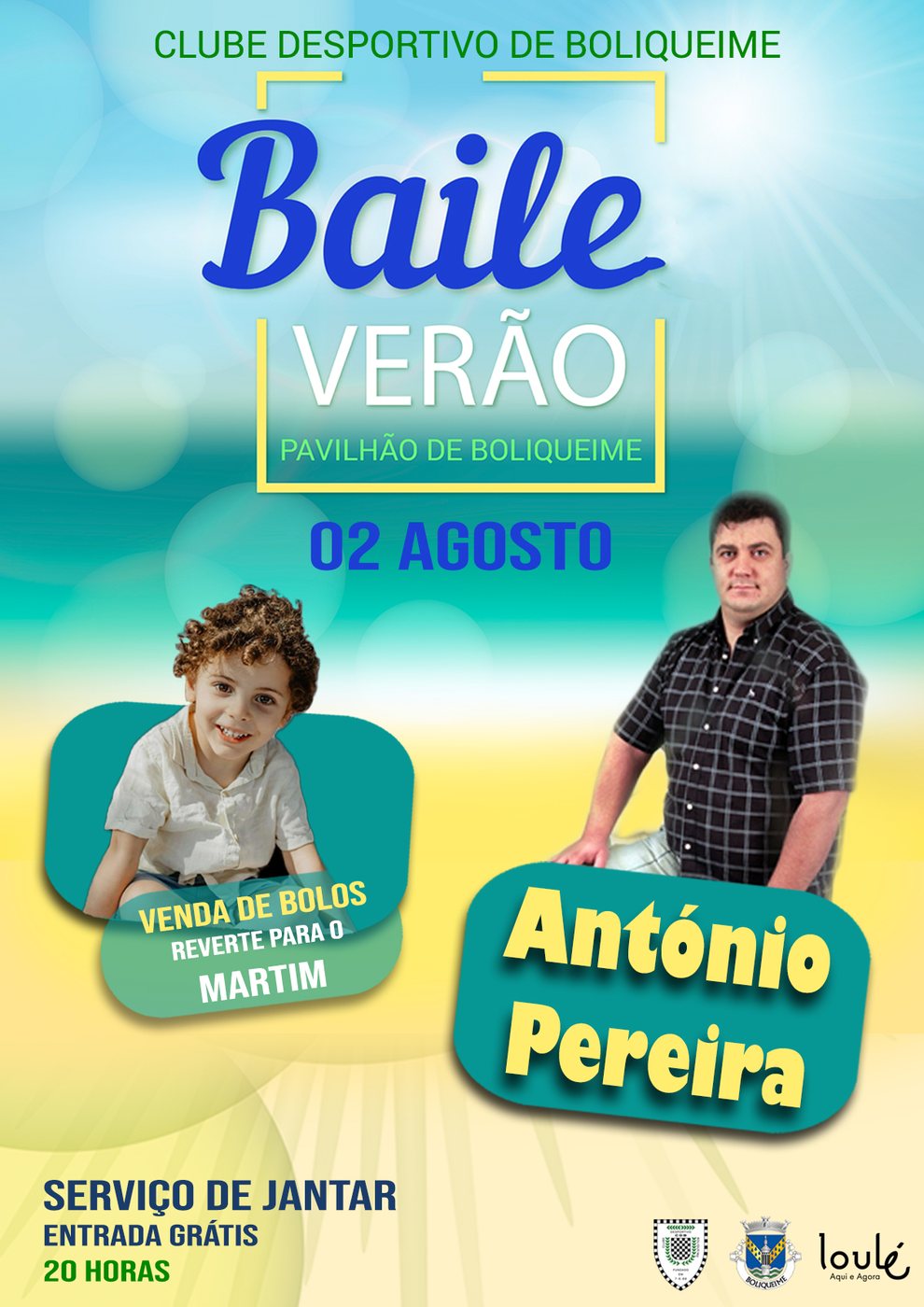 Cartaz do Baile de Verão do Clube Desportivo de Boliqueime, 2 de agosto, com António Pereira e venda de bolos a favor do Martim