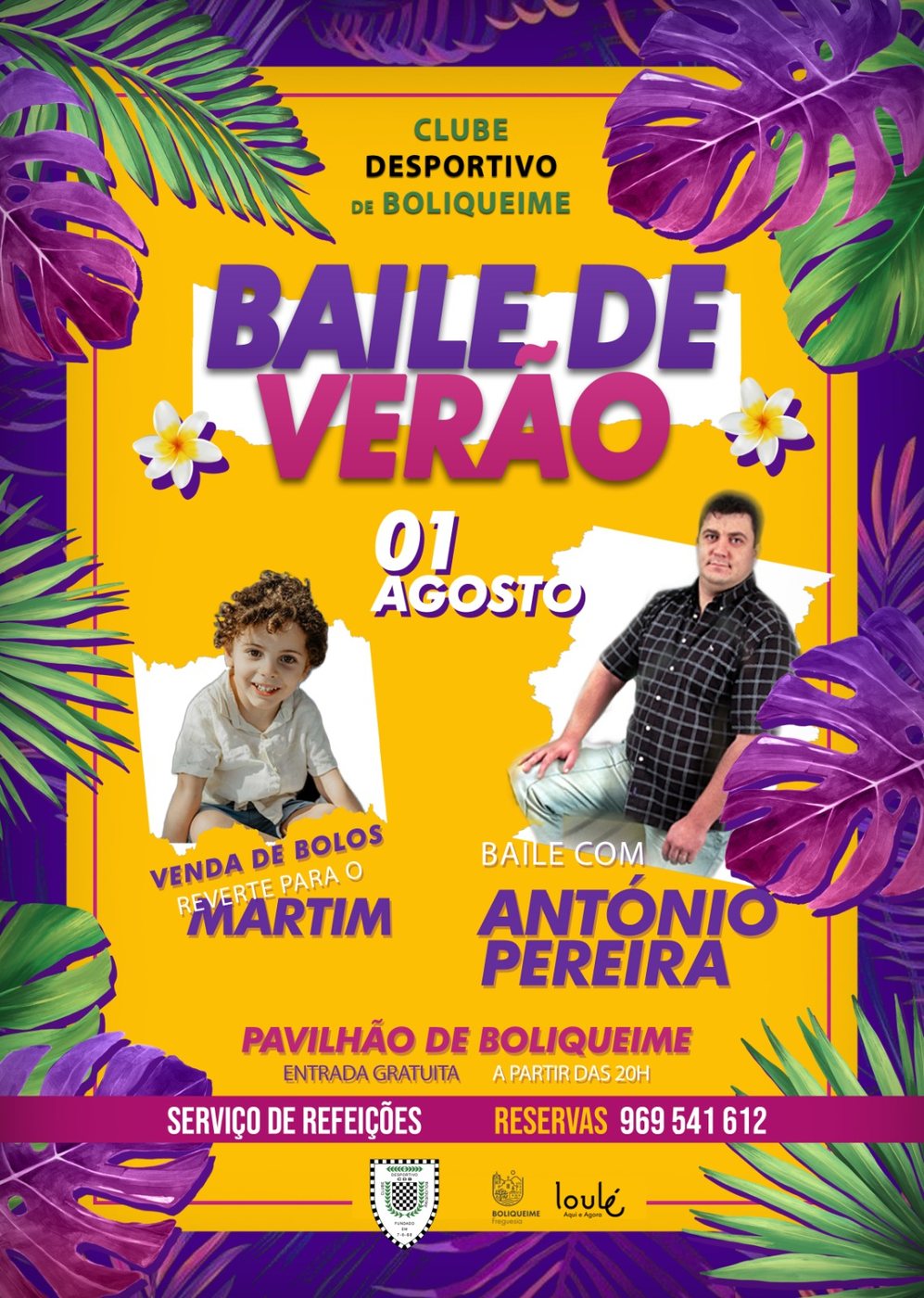 Cartaz do Baile de Verão do Clube Desportivo de Boliqueime, 1 de agosto, com António Pereira e venda de bolos a favor do Martim