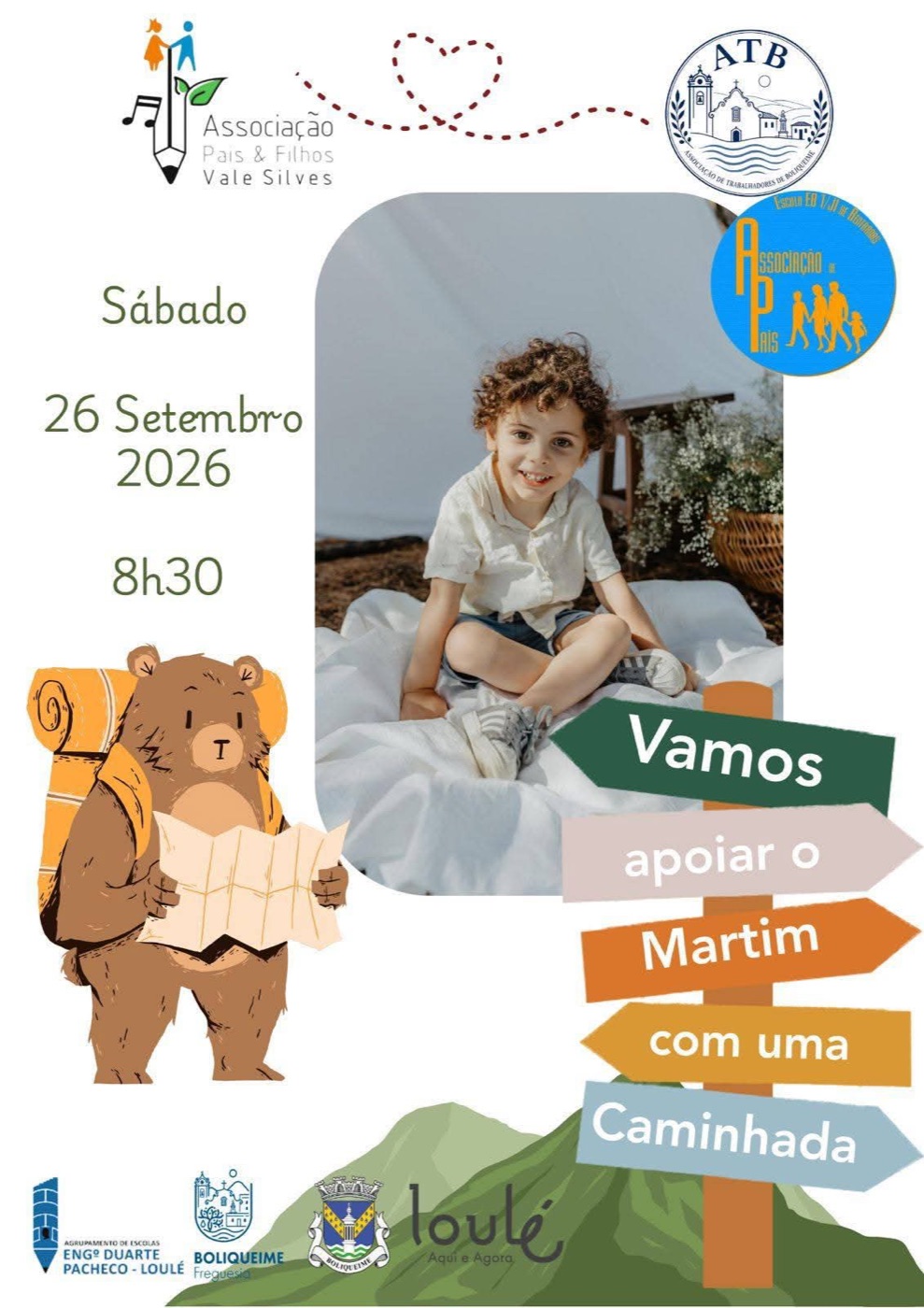 Cartaz da caminhada: sábado, 26 de setembro de 2026, 8h30, com o Martim e setas de caminho