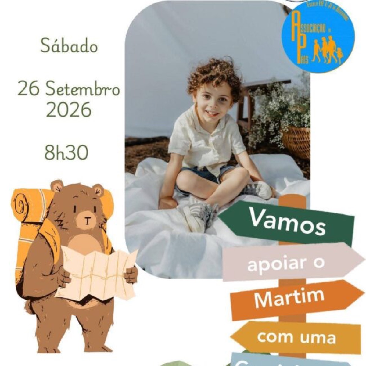Cartaz da caminhada solidária de sábado, 26 de setembro de 2026, às 8h30
