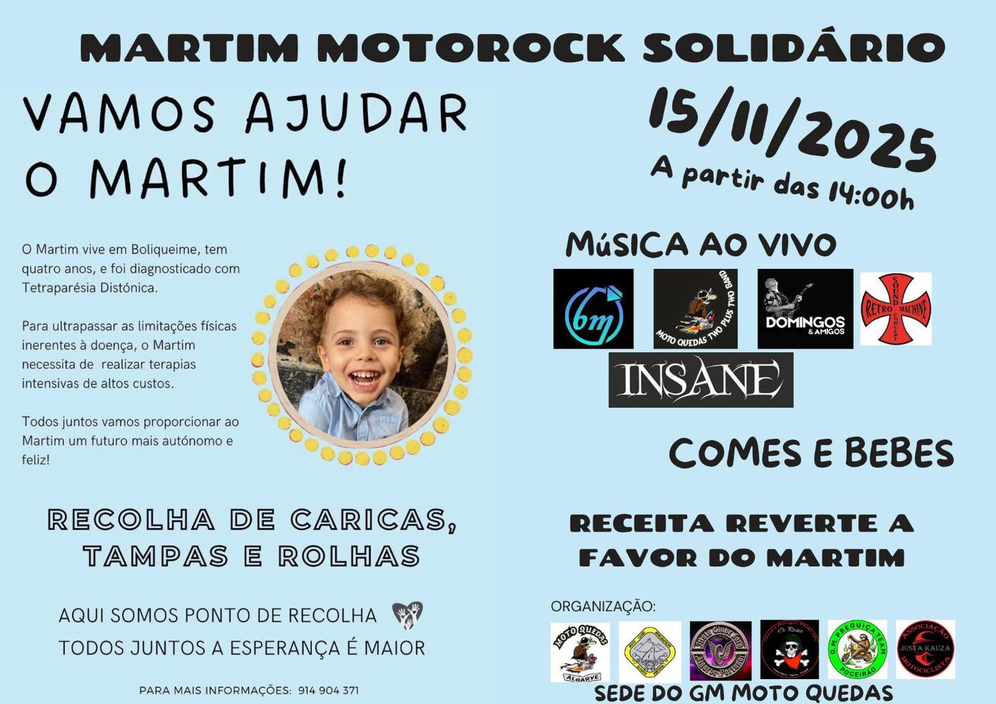 Cartaz do Martim MotoRock Solidário, 15 de novembro de 2025, a partir das 14h00, com música ao vivo e recolha de tampas