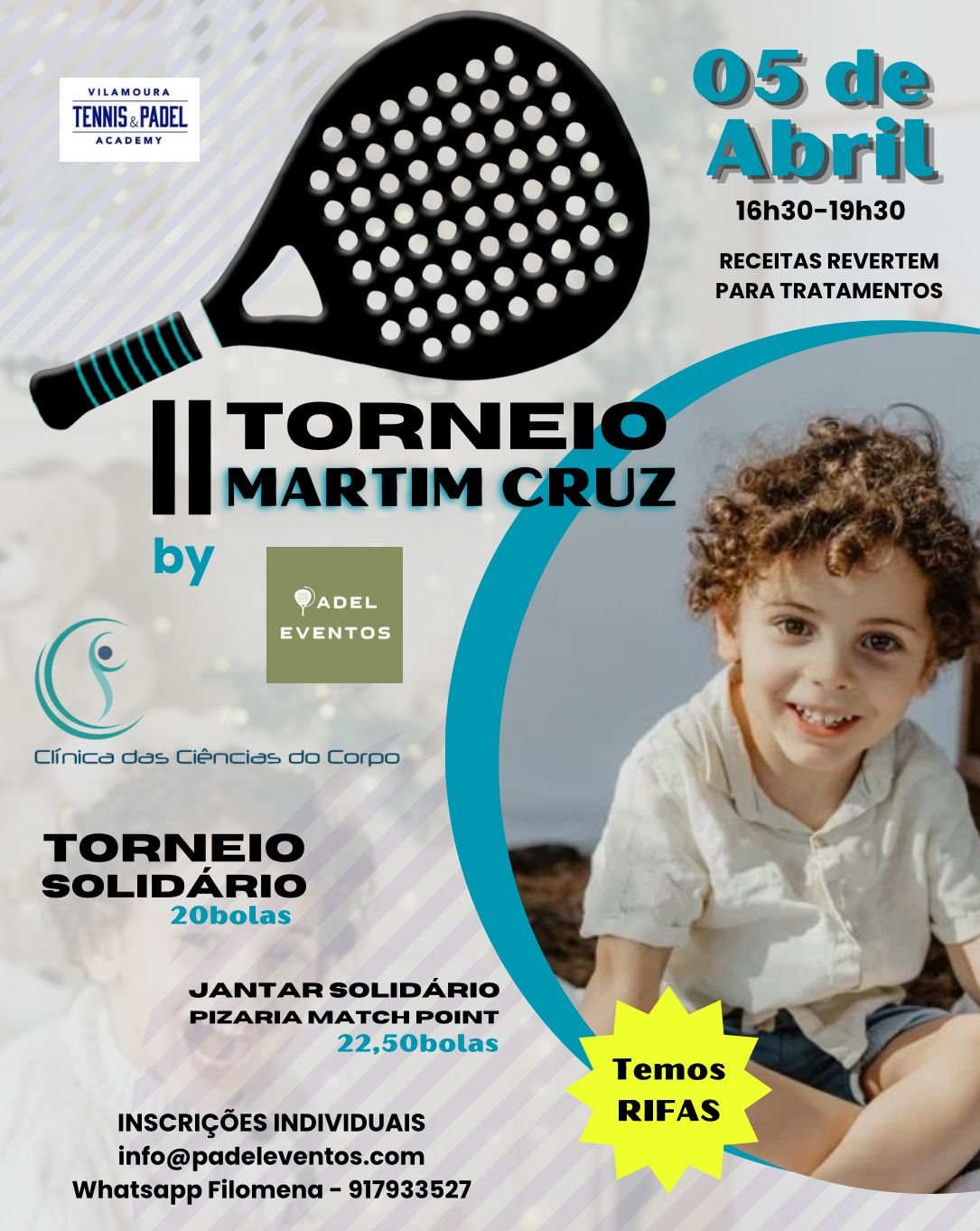 Poster for the 2nd Martim Cruz Padel Tournament, 5 April, 4:30 to 7:30 pm, at Vilamoura Tennis & Padel Academy