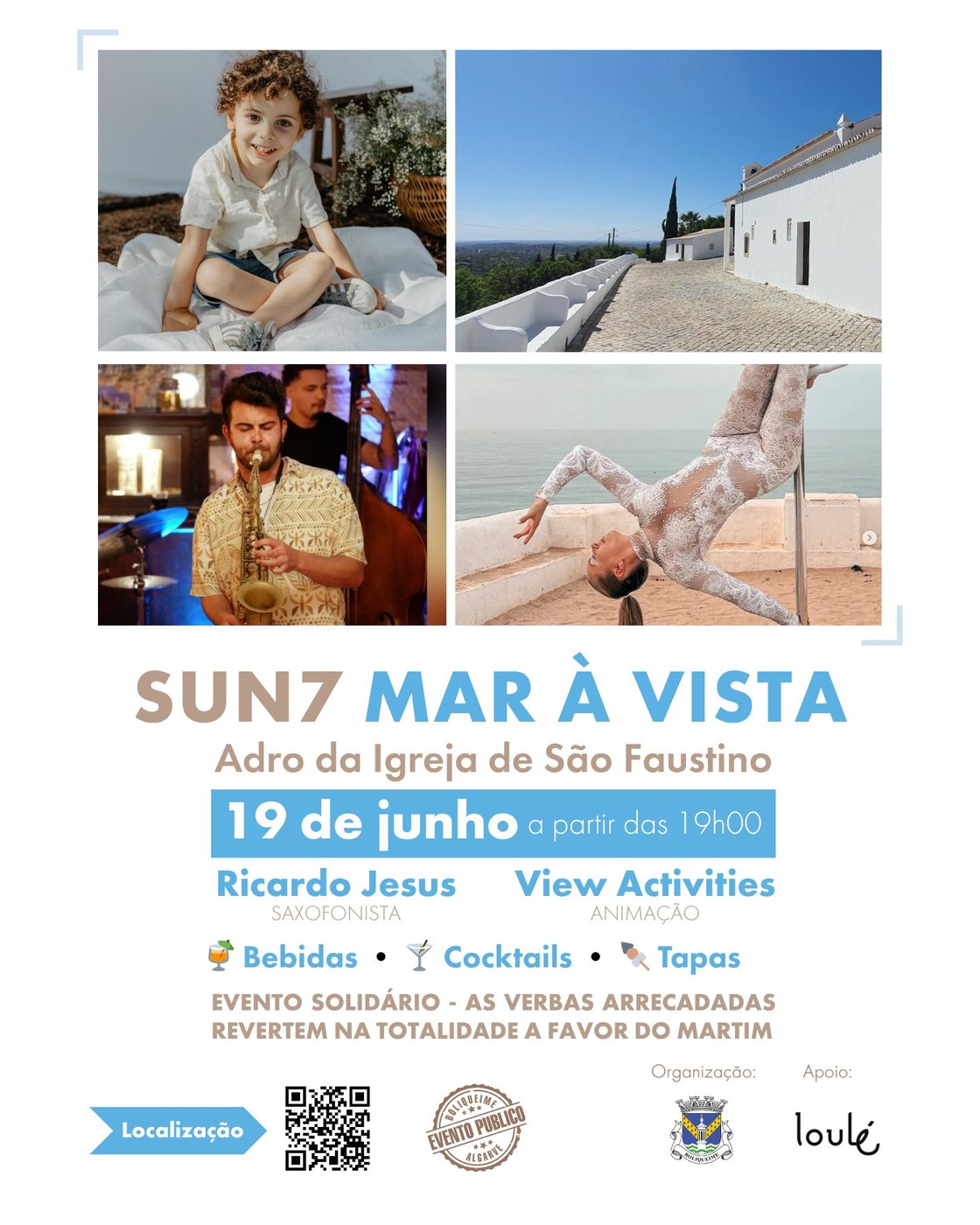 Cartaz do SUN7 Mar à Vista, 19 de junho a partir das 19h00, com o saxofonista Ricardo Jesus e View Activities