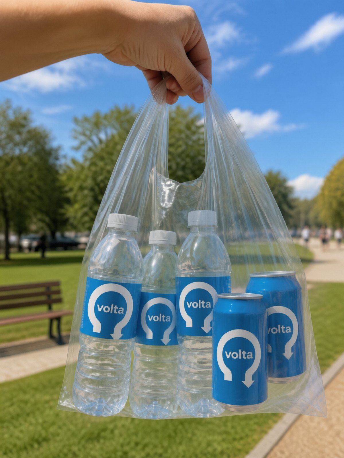 Uma mão a segurar um saco transparente com garrafas e latas com o símbolo VOLTA